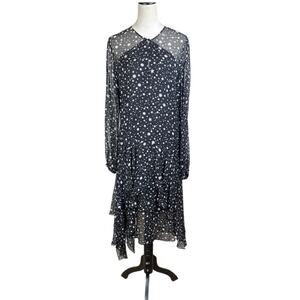 Worth New York 100% Silk Black & White Star Celestial Long Sleeve Midi Dress